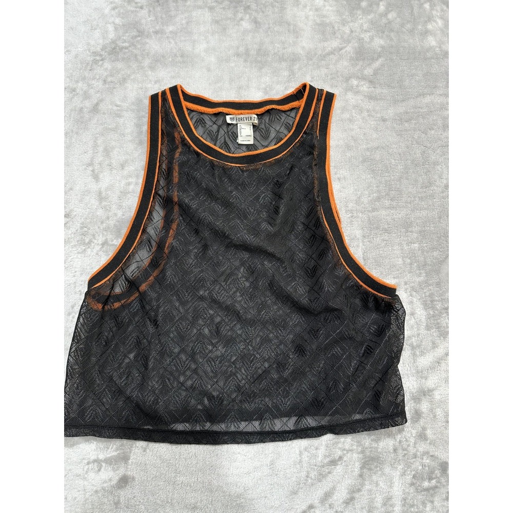Forever 21 Tank Top Women's Size Large Black Mesh Cropped Orange Trim EUC